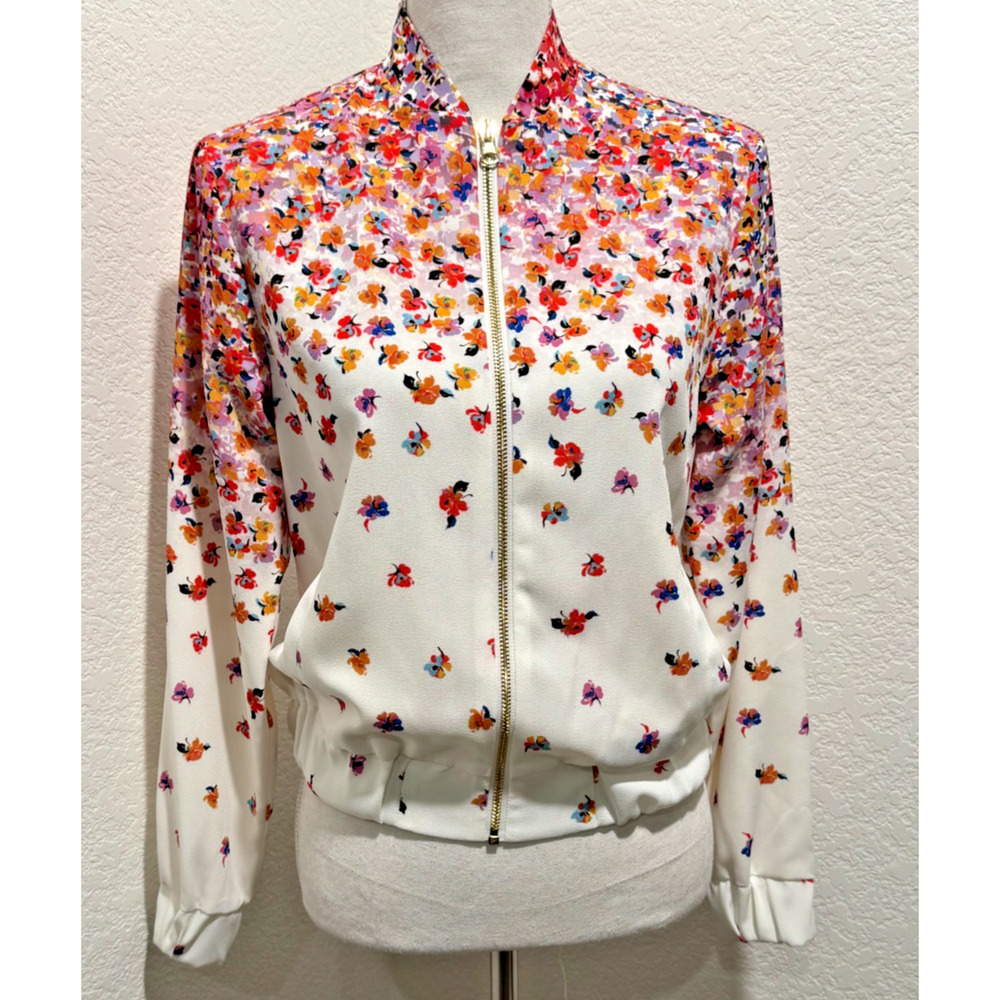 Robert Graham Floral Zip Jacket Womens Sz S/M White Spring Blossom Silk Lining